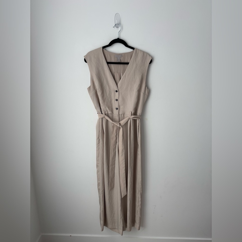 H&M Beige Sleeveless Jumpsuit Wide Leg Belted Minimalist Chic M